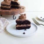 A two layer slice of chocolate cake with chocolate frosting.