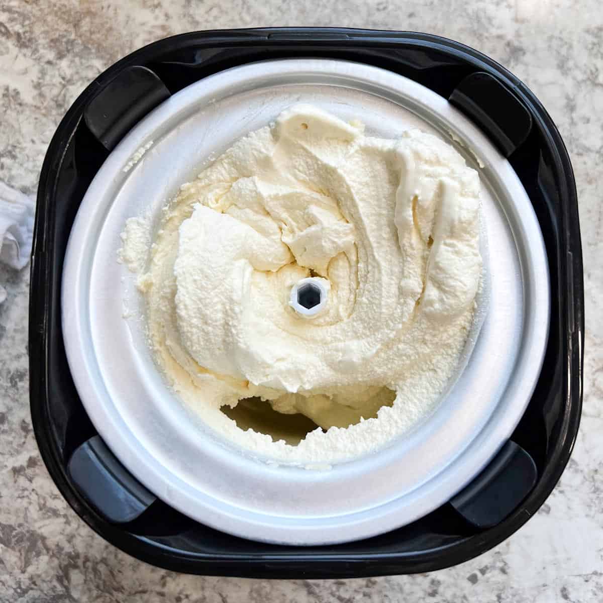 Ice cream frozen in an ice cream maker.