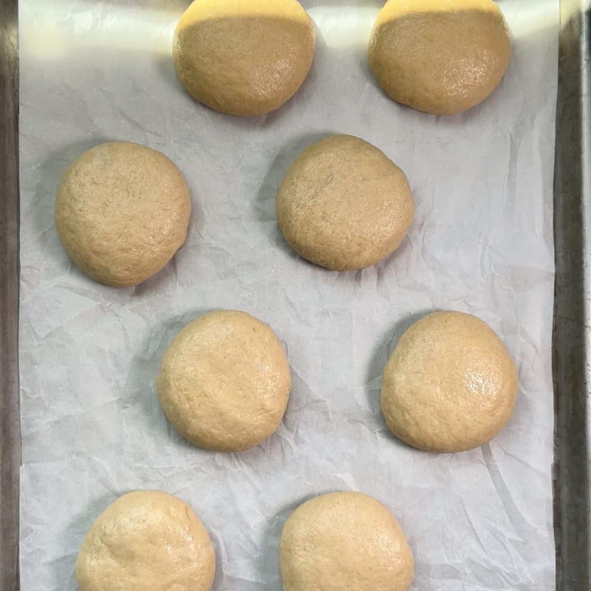 Hamburger buns on a tray ready for baking.