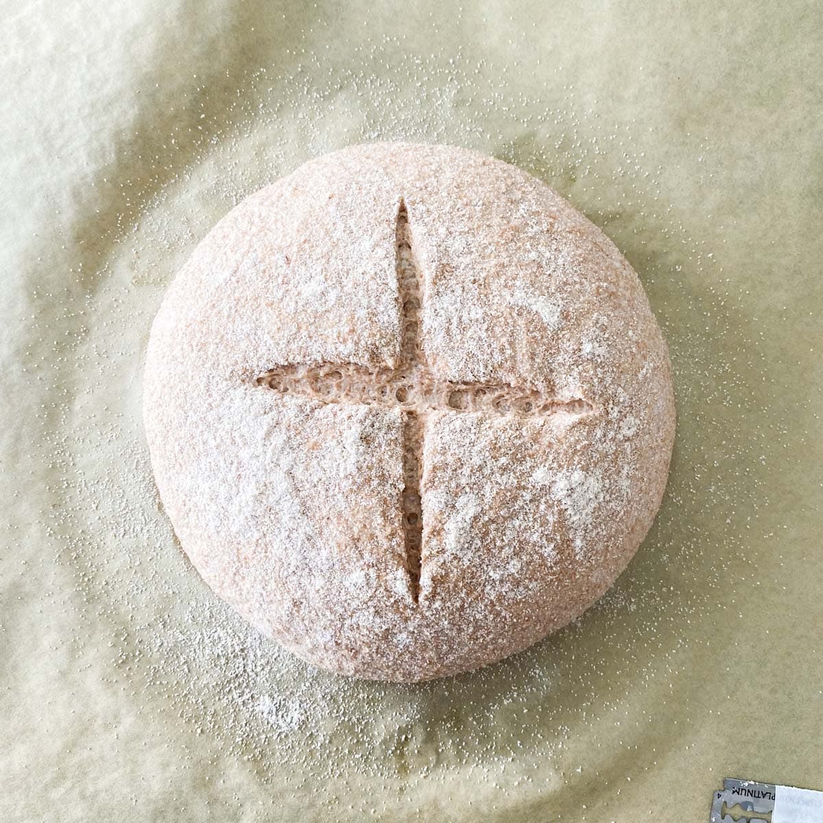 A cross cut into shaped bread dough before baking.