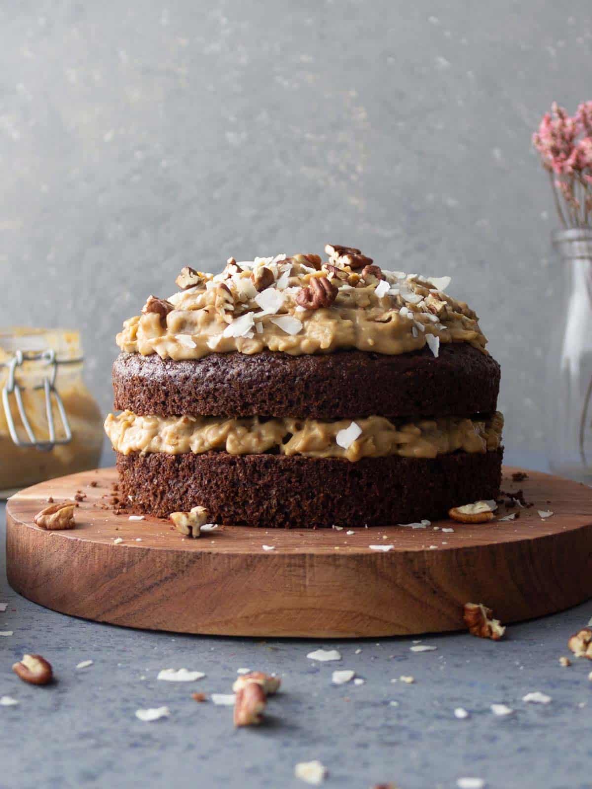 A two layer German chocolate cake with coconut pecan frosting.