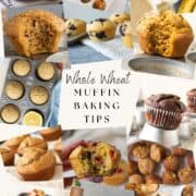 Collage of whole wheat muffins with text overlay.