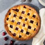 Baked cherry pie with whole wheat crust.